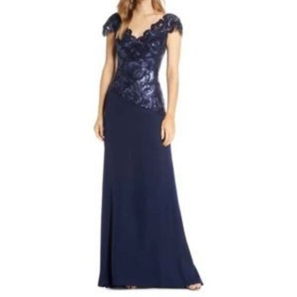 Tadashi Shoji Alvaro (navy) embroidered lace evening gown size 6 - Picture 2 of 10